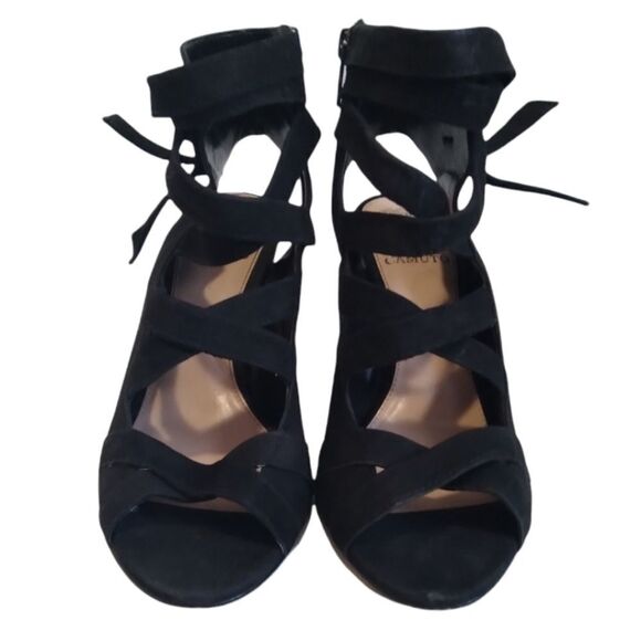 Vince Camuto Black Sammson Suede Leather Peep Toe Strappy Heel Sandal Women's 9 - Picture 1 of 13
